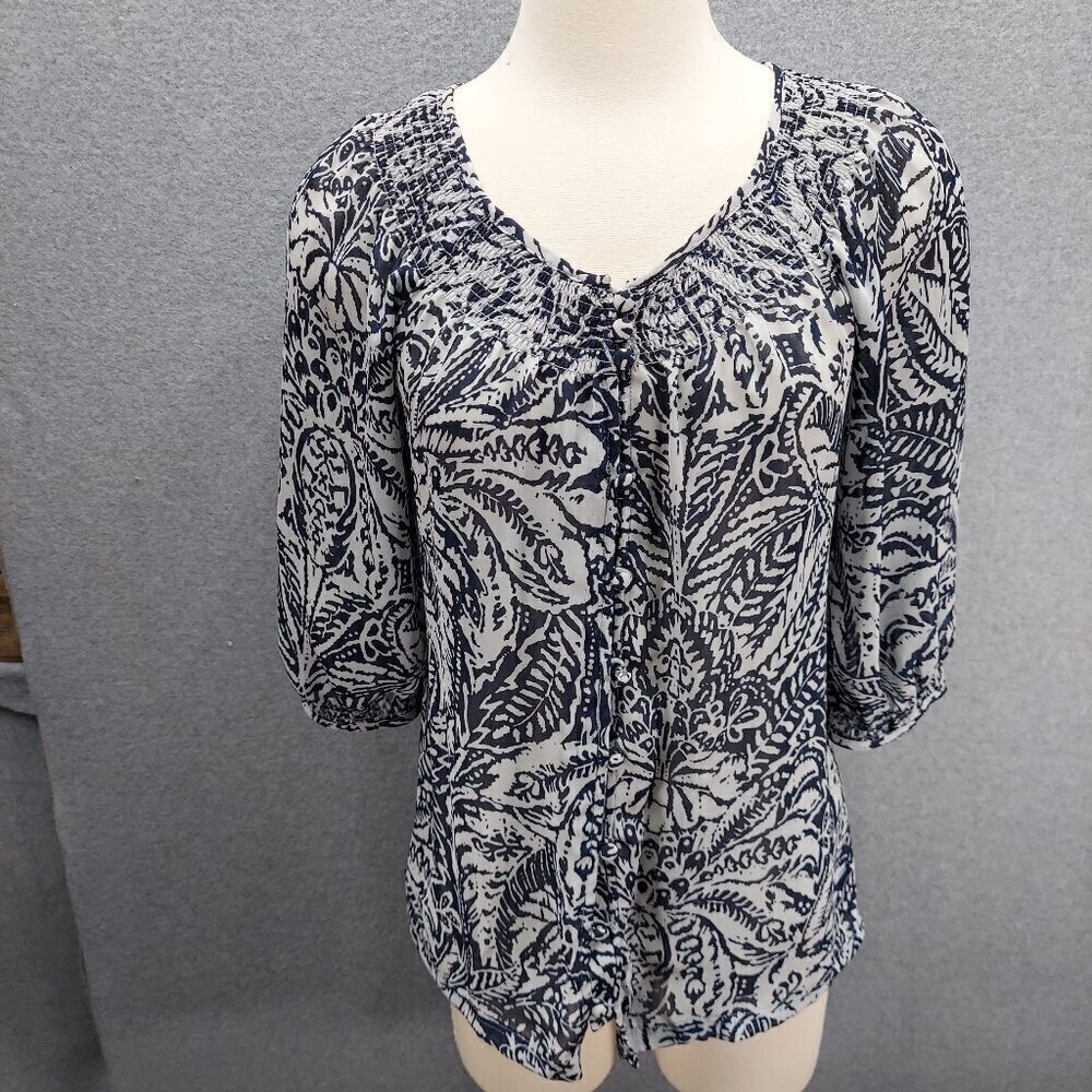 Banana Republic Womens Black Floral Semisheer Puff Short Sleeve Blouse SZ Small